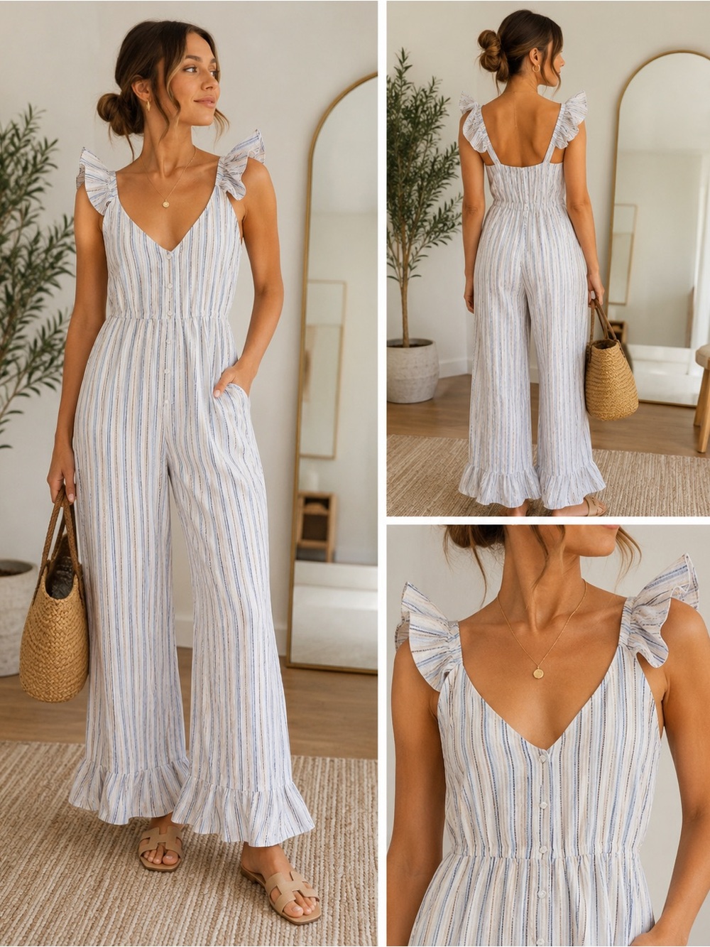 Line + Dot Striped Ruffle Jumpsuit – Coastal Chic Linen Blend – Small
